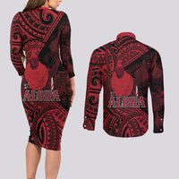 Hawaii King Kamehameha Couples Matching Long Sleeve Bodycon Dress and Long Sleeve Button Shirt With Hawaiian Ipu Motifs Red Version LT05 - Polynesian Pride