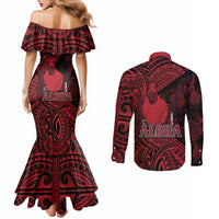 Hawaii King Kamehameha Couples Matching Mermaid Dress and Long Sleeve Button Shirt With Hawaiian Ipu Motifs Red Version LT05 - Polynesian Pride