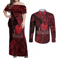 Hawaii King Kamehameha Couples Matching Off Shoulder Maxi Dress and Long Sleeve Button Shirt With Hawaiian Ipu Motifs Red Version LT05 Red - Polynesian Pride