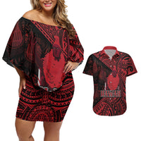 Hawaii King Kamehameha Couples Matching Off Shoulder Short Dress and Hawaiian Shirt With Hawaiian Ipu Motifs Red Version LT05 Red - Polynesian Pride