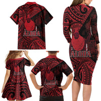 Hawaii King Kamehameha Family Matching Long Sleeve Bodycon Dress and Hawaiian Shirt With Hawaiian Ipu Motifs Red Version LT05 - Polynesian Pride