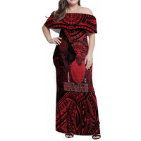 Hawaii King Kamehameha Family Matching Off Shoulder Maxi Dress and Hawaiian Shirt With Hawaiian Ipu Motifs Red Version LT05 Mom's Dress Red - Polynesian Pride