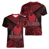 Hawaii King Kamehameha Women V-Neck T-Shirt With Hawaiian Ipu Motifs Red Version LT05 - Polynesian Pride