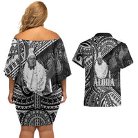 Hawaii King Kamehameha Couples Matching Off Shoulder Short Dress and Hawaiian Shirt With Hawaiian Ipu Motifs Black Version LT05 - Polynesian Pride