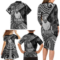 Hawaii King Kamehameha Family Matching Long Sleeve Bodycon Dress and Hawaiian Shirt With Hawaiian Ipu Motifs Black Version LT05 - Polynesian Pride