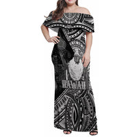 Hawaii King Kamehameha Family Matching Off Shoulder Maxi Dress and Hawaiian Shirt With Hawaiian Ipu Motifs Black Version LT05 Mom's Dress Black - Polynesian Pride