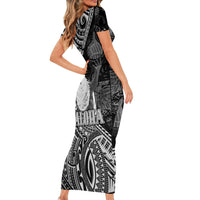 Hawaii King Kamehameha Short Sleeve Bodycon Dress With Hawaiian Ipu Motifs Black Version