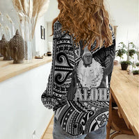 Hawaii King Kamehameha Women Casual Shirt With Hawaiian Ipu Motifs Black Version LT05 - Polynesian Pride