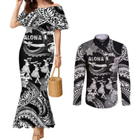 Hawaii Beautiful Hula Dancers Couples Matching Mermaid Dress and Long Sleeve Button Shirt With Ipu Keke And Pahu Drum LT05 Black - Polynesian Pride