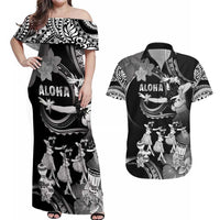 Hawaii Beautiful Hula Dancers Couples Matching Off Shoulder Maxi Dress and Hawaiian Shirt With Ipu Keke And Pahu Drum LT05 Black - Polynesian Pride