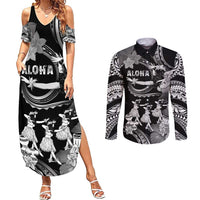 Hawaii Beautiful Hula Dancers Couples Matching Summer Maxi Dress and Long Sleeve Button Shirt With Ipu Keke And Pahu Drum LT05 Black - Polynesian Pride
