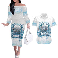 Hawaii Sugar Plantation Couples Matching Off The Shoulder Long Sleeve Dress and Hawaiian Shirt With Hawaiian Tapa Pattern LT05 White - Polynesian Pride