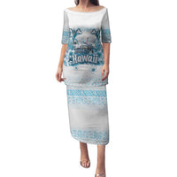 Hawaii Sugar Plantation Family Matching Puletasi and Hawaiian Shirt With Hawaiian Tapa Pattern LT05 Mom's Dress White - Polynesian Pride