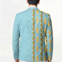 Hawaii Shell Tiare Anthurium Heliconia Lei Blazer With Tapa Pattern Baby Blue LT05 - Polynesian Pride
