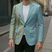 Hawaii Shell Tiare Anthurium Heliconia Lei Blazer With Tapa Pattern Baby Blue LT05 - Polynesian Pride