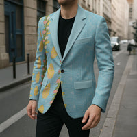 Hawaii Shell Tiare Anthurium Heliconia Lei Blazer With Tapa Pattern Baby Blue LT05 - Polynesian Pride