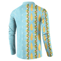 Hawaii Shell Tiare Anthurium Heliconia Lei Button Sweatshirt With Tapa Pattern Baby Blue