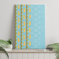 Hawaii Shell Tiare Anthurium Heliconia Lei Canvas Wall Art With Tapa Pattern Baby Blue