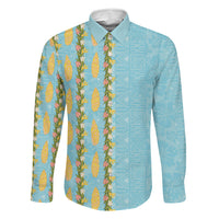 Hawaii Shell Tiare Anthurium Heliconia Lei Family Matching Off The Shoulder Long Sleeve Dress and Hawaiian Shirt With Tapa Pattern Baby Blue