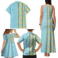 Hawaii Shell Tiare Anthurium Heliconia Lei Family Matching Tank Maxi Dress and Hawaiian Shirt With Tapa Pattern Baby Blue