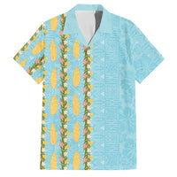 Hawaii Shell Tiare Anthurium Heliconia Lei Family Matching Tank Maxi Dress and Hawaiian Shirt With Tapa Pattern Baby Blue