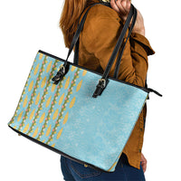 Hawaii Shell Tiare Anthurium Heliconia Lei Leather Tote Bag With Tapa Pattern Baby Blue