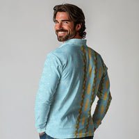 Hawaii Shell Tiare Anthurium Heliconia Lei Long Sleeve Polo Shirt With Tapa Pattern Baby Blue