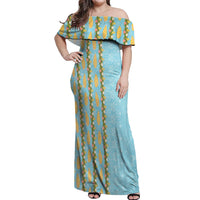 Hawaii Shell Tiare Anthurium Heliconia Lei Off Shoulder Maxi Dress With Tapa Pattern Baby Blue