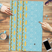 Hawaii Shell Tiare Anthurium Heliconia Lei Puzzle With Tapa Pattern Baby Blue