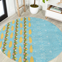 Hawaii Shell Tiare Anthurium Heliconia Lei Round Carpet With Tapa Pattern Baby Blue
