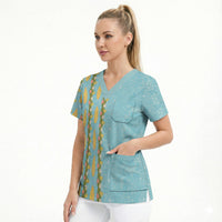 Hawaii Shell Tiare Anthurium Heliconia Lei Scrub Top With Tapa Pattern Baby Blue