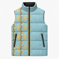 Hawaii Shell Tiare Anthurium Heliconia Lei Sleeveless Puffer Jacket With Tapa Pattern Baby Blue