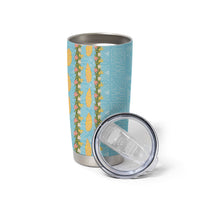 Hawaii Shell Tiare Anthurium Heliconia Lei Tumbler Cup With Tapa Pattern Baby Blue