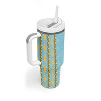 Hawaii Shell Tiare Anthurium Heliconia Lei Tumbler With Handle With Tapa Pattern Baby Blue