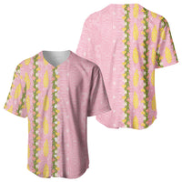 Hawaii Shell Tiare Anthurium Heliconia Lei Baseball Jersey With Tapa Pattern Baby Pink
