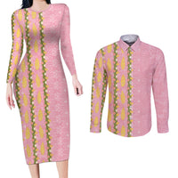 Hawaii Shell Tiare Anthurium Heliconia Lei Couples Matching Long Sleeve Bodycon Dress and Long Sleeve Button Shirt With Tapa Pattern Baby Pink