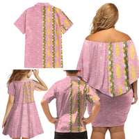Hawaii Shell Tiare Anthurium Heliconia Lei Family Matching Off Shoulder Short Dress and Hawaiian Shirt With Tapa Pattern Baby Pink