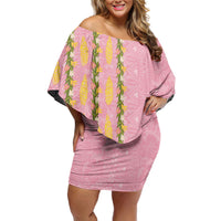 Hawaii Shell Tiare Anthurium Heliconia Lei Family Matching Off Shoulder Short Dress and Hawaiian Shirt With Tapa Pattern Baby Pink