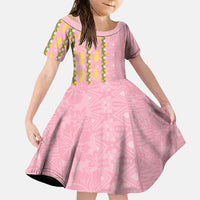 Hawaii Shell Tiare Anthurium Heliconia Lei Family Matching Puletasi and Hawaiian Shirt With Tapa Pattern Baby Pink LT05 Daughter's Dress Pink - Polynesian Pride