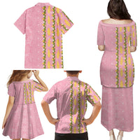 Hawaii Shell Tiare Anthurium Heliconia Lei Family Matching Puletasi and Hawaiian Shirt With Tapa Pattern Baby Pink LT05 - Polynesian Pride