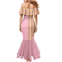 Hawaii Shell Tiare Anthurium Heliconia Lei Mermaid Dress With Tapa Pattern Baby Pink