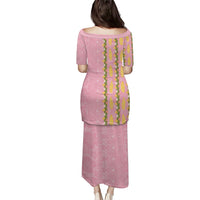 Hawaii Shell Tiare Anthurium Heliconia Lei Puletasi With Tapa Pattern Baby Pink