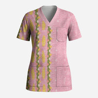 Hawaii Shell Tiare Anthurium Heliconia Lei Scrub Top With Tapa Pattern Baby Pink