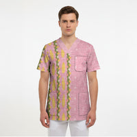 Hawaii Shell Tiare Anthurium Heliconia Lei Scrub Top With Tapa Pattern Baby Pink