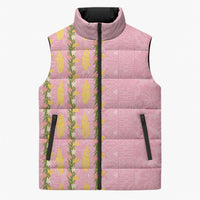 Hawaii Shell Tiare Anthurium Heliconia Lei Sleeveless Puffer Jacket With Tapa Pattern Baby Pink
