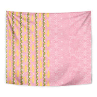 Hawaii Shell Tiare Anthurium Heliconia Lei Tapestry With Tapa Pattern Baby Pink