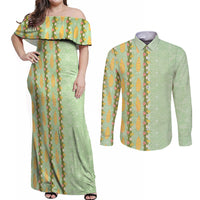 Hawaii Shell Tiare Anthurium Heliconia Lei Couples Matching Off Shoulder Maxi Dress and Long Sleeve Button Shirt With Tapa Pattern Baby Green