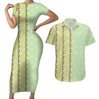 Hawaii Shell Tiare Anthurium Heliconia Lei Couples Matching Short Sleeve Bodycon Dress and Hawaiian Shirt With Tapa Pattern Baby Green LT05 Green - Polynesian Pride