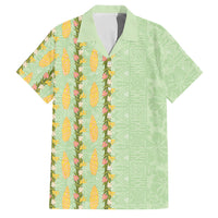 Hawaii Shell Tiare Anthurium Heliconia Lei Family Matching Off The Shoulder Long Sleeve Dress and Hawaiian Shirt With Tapa Pattern Baby Green