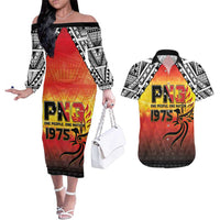 Papua New Guinea 50th Independence Day Couples Matching Off The Shoulder Long Sleeve Dress and Hawaiian Shirt One People One Nation One PNG LT05 Yellow - Polynesian Pride